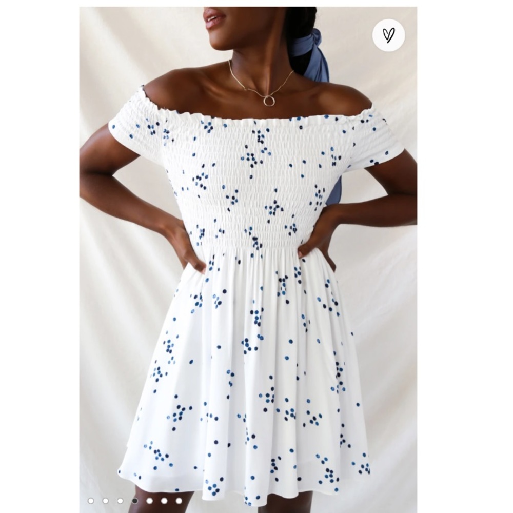 White and Blue Printed Off-the-Shoulder Dress